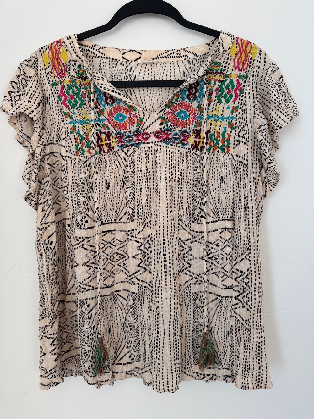 Jodifl Boho Embroidered Peasant Top Beige Tribal Tassel Flutter Sleeve Rayon M